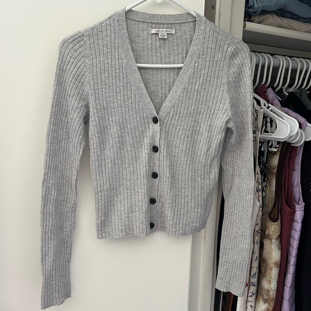 American Eagle Outfitters Light Gray Ribbed Cardigan